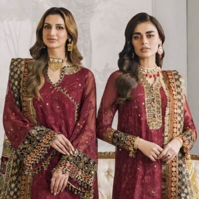 "Baroque article featuring a chiffon embroidered shirt with separate neck, back, and sleeves embroidery, paired with a ready-to-wear dupatta enhanced with net contrast detailing for a sophisticated and elegant look."