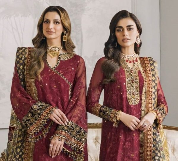 "Baroque article featuring a chiffon embroidered shirt with separate neck, back, and sleeves embroidery, paired with a ready-to-wear dupatta enhanced with net contrast detailing for a sophisticated and elegant look."