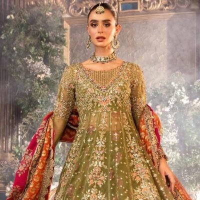 "New Maria B bridal maxi featuring organza with six intricately embroidered panels in the front and back, a fully handmade body, and a ready-to-wear dupatta with contrast detailing for a luxurious bridal look."