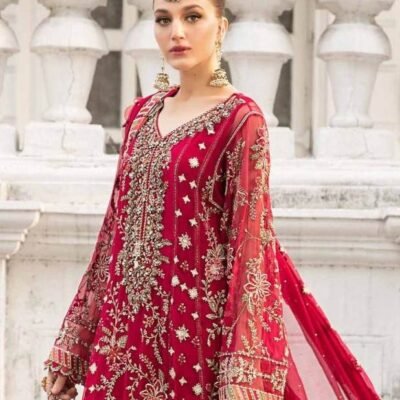 "Maria B chiffon outfit featuring a fully embroidered shirt, handmade neck design, embroidered back and sleeves, and a chiffon dupatta with a luxurious four-sided border."