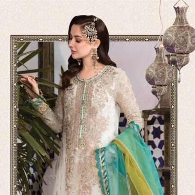 "Maria B chiffon outfit featuring a fully embroidered shirt with a separate cutwork neck, front and back borders, embroidered back and sleeves, and a ready-to-wear organza three-tone dupatta."