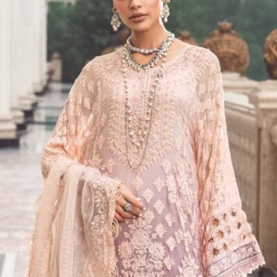 "Maria B chiffon ensemble featuring an embroidered shirt with a two-tone handmade neckline, embroidered back and sleeves, and a chiffon dupatta adorned with a four-sided border."