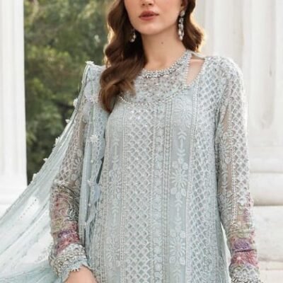 "Maria B chiffon outfit featuring an embroidered shirt with a handmade neck, handmade front border, embroidered back and sleeves, and a chiffon dupatta with two-sided palu."