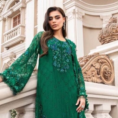 "Maria B chiffon outfit featuring an embroidered shirt with a handmade neckline, embroidered back and sleeves, cutwork borders, and a chiffon dupatta with a four-sided border and cutwork palu."