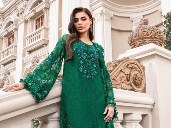 "Maria B chiffon outfit featuring an embroidered shirt with a handmade neckline, embroidered back and sleeves, cutwork borders, and a chiffon dupatta with a four-sided border and cutwork palu."