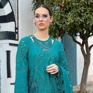 "Maria B chiffon article featuring an embroidered shirt with a separate handmade neckline, embroidered back and sleeves, and a chiffon dupatta adorned with a four-sided embroidered border."