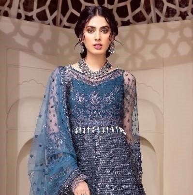 "Luxurious net maxi with six fully embroidered panels on the front and back, intricately designed embroidered body, and a separate net dupatta featuring a four-sided embrodered border."