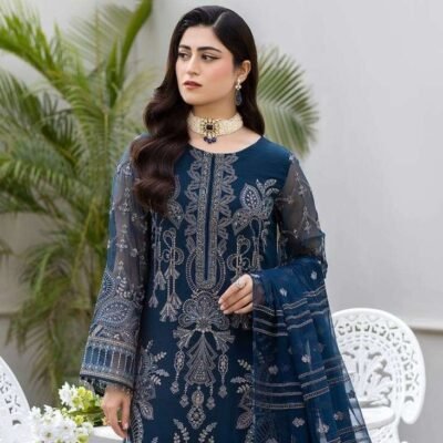 "New Flossie article featuring a fully embroidered chiffon shirt with a handmade neck, embroidered back and sleeves, and a chiffon dupatta with elegant double-sided pallus for a refined look."