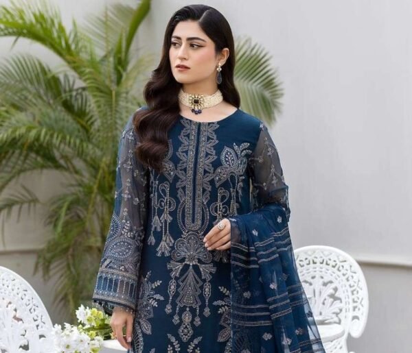 "New Flossie article featuring a fully embroidered chiffon shirt with a handmade neck, embroidered back and sleeves, and a chiffon dupatta with elegant double-sided pallus for a refined look."