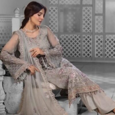 "Chiffon full embroidered shirt with handmade neck, back, and sleeves, paired with a chiffon dupatta featuring detailed palu design."