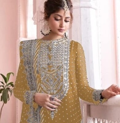 "Elegant Asim Jofa chiffon article featuring matching embroidered back and front with attached borders, separate chiffon dupatta with four-side border, and a 4.5-meter sharara for a timeless and sophisticated look."