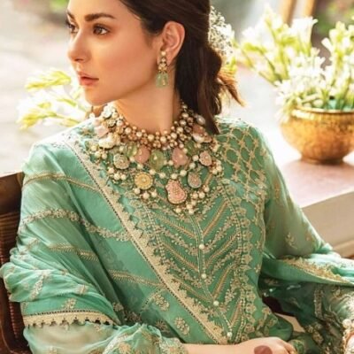 "Afrozeh article featuring a chiffon full embroidered shirt with detailed back and sleeves embroidery, complemented by a chiffon dupatta with an elegant palu. Available in two colors: Pista and Orange."