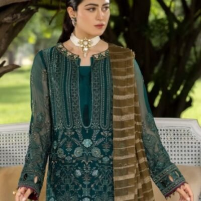 "Flossie article featuring a fully embroidered chiffon shirt with detailed embroidery on the back and sleeves, paired with a chiffon dupatta adorned with double-sided pallus and canvas detailing for an elegant finish."