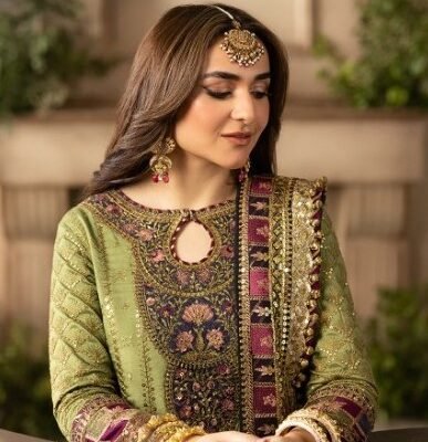 "Elegant Asim Jofa silk article featuring an embroidered shirt with matching front and back, separate embroidered neck, detailed borders, embroidered sleeves, and a ready-to-wear chiffon dupatta with border."