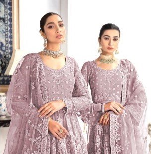 Alt text: "House of Nawab maxi featuring organza Y panels with full embroidery on the front, six embroidered panels on the back, intricately embroidered front and back body, embroidered sleeves, and a net dupatta with a four-side embroidered border."