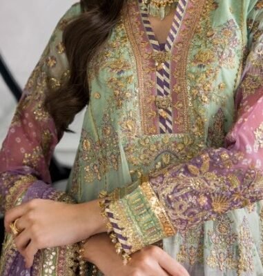 "Baroque article featuring a three-tone shirt with embroidered back and sleeves, paired with a ready-to-wear chiffon dupatta in a coordinating three-tone design for an elegant and sophisticated look."