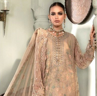 "Maria B chiffon embroidered shirt with a handmade neck, embroidered back and sleeves, and a chiffon dupatta featuring elegant double palu detailing."