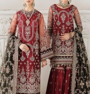 "Baroque article featuring a chiffon embroidered shirt with separate neck, back, and sleeves embroidery, paired with a ready-to-wear dupatta with net contrast detailing for an elegant and refined look."