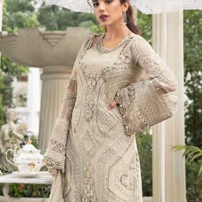 "Maria B pure chiffon shirt with fully embroidered handmade neck, detailed embroidery on back and sleeves, chiffon dupatta with stonework, and elegantly crafted side borders for a luxurious look."