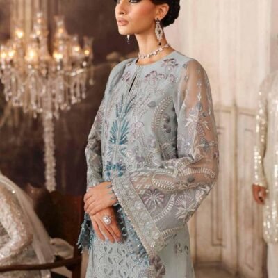 "New Flossie article featuring a full embroidered organza shirt with a handmade neck, embroidered back and sleeves, organza chiffon dupatta, and double-side borders for an elegant and refined look."