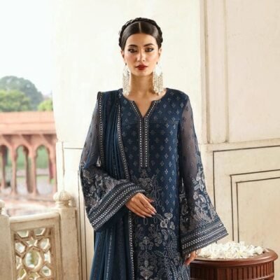 "New Flossie article featuring a fully embroidered chiffon shirt with a handmade neck, embroidered back and sleeves, and a chiffon dupatta with double-sided borders for a luxurious and elegant look."