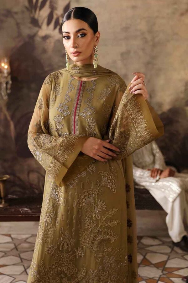 "New Flossie article featuring a fully embroidered chiffon shirt with detailed embroidery on the back and sleeves, paired with a chiffon dupatta adorned with double-sided borders for an elegant finish."