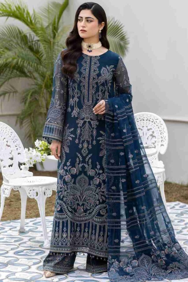 "New Flossie article featuring a fully embroidered chiffon shirt with a handmade neck, embroidered back and sleeves, and a chiffon dupatta with elegant double-sided pallus for a refined look."