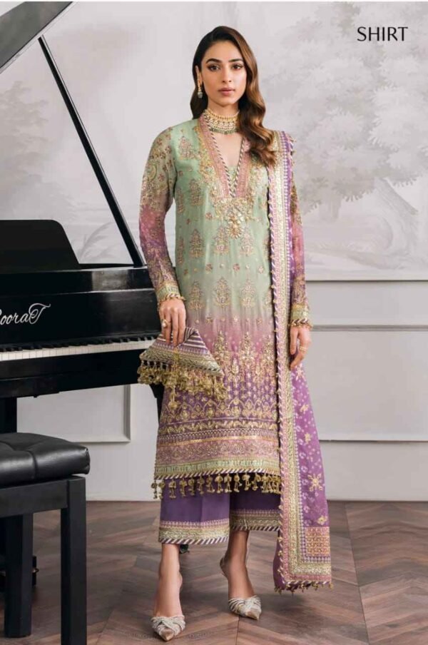 "Baroque article featuring a three-tone shirt with embroidered back and sleeves, paired with a ready-to-wear chiffon dupatta in a coordinating three-tone design for an elegant and sophisticated look."