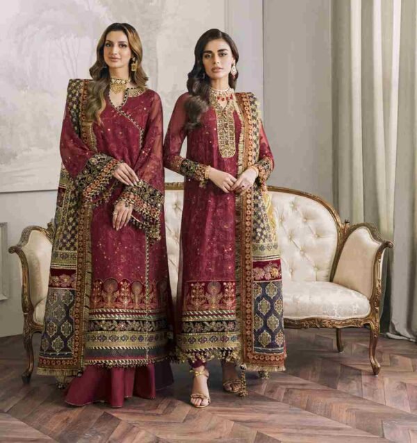 "Baroque article featuring a chiffon embroidered shirt with separate neck, back, and sleeves embroidery, paired with a ready-to-wear dupatta enhanced with net contrast detailing for a sophisticated and elegant look."