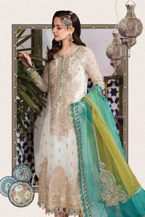 "Maria B chiffon outfit featuring a fully embroidered shirt with a separate cutwork neck, front and back borders, embroidered back and sleeves, and a ready-to-wear organza three-tone dupatta."