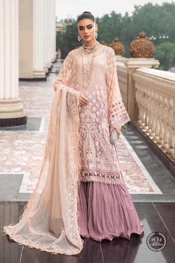 "Maria B chiffon ensemble featuring an embroidered shirt with a two-tone handmade neckline, embroidered back and sleeves, and a chiffon dupatta adorned with a four-sided border."