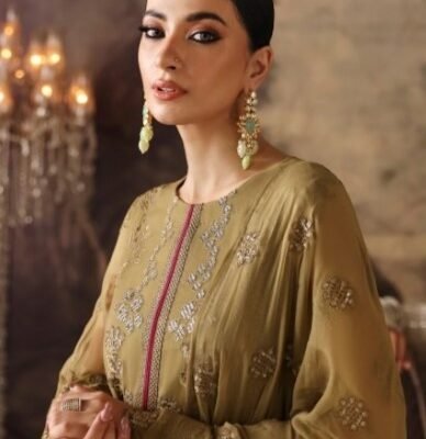 "New Flossie article featuring a fully embroidered chiffon shirt with detailed embroidery on the back and sleeves, paired with a chiffon dupatta adorned with double-sided borders for an elegant finish."