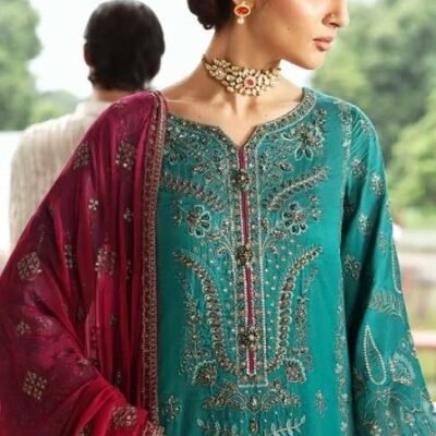 "Flossie silk shirt with fully embroidered back and sleeves, paired with a silk chiffon dupatta, ready-to-wear ensemble for an elegant and sophisticated look."