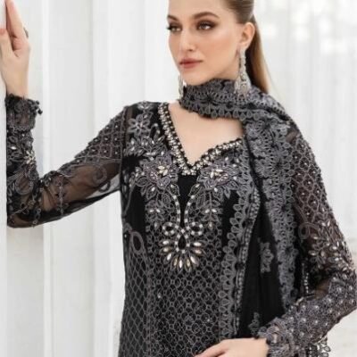 "Pure chiffon double-tone shirt featuring a fully embroidered, handmade neck design, showcasing elegance and intricate craftsmanship for a sophisticated look."